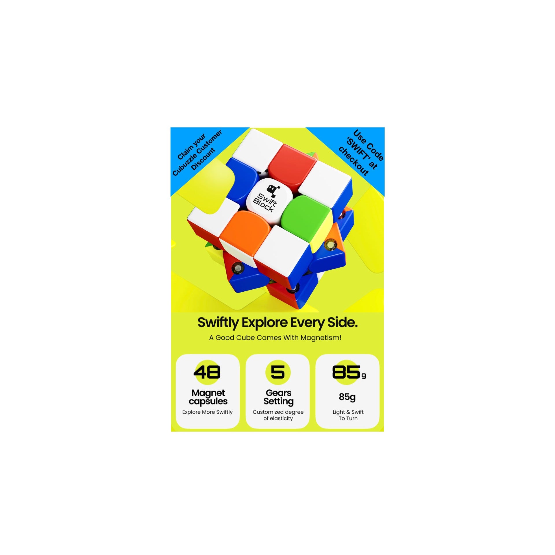 Swift Block 355S, Magnetic Speed Cube 3×3×3 Stickerless Magic Cube